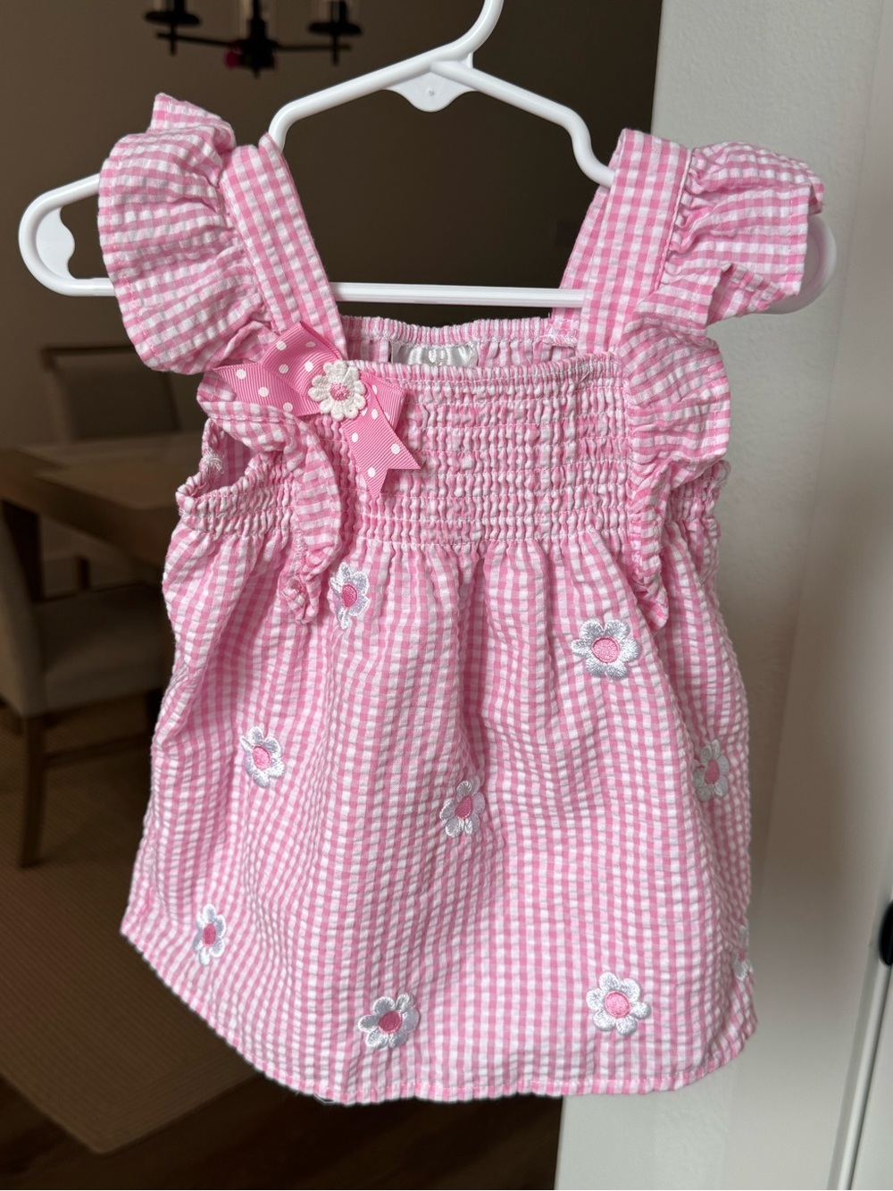 Rare Editions Pink Gingham Sundress Top with Floral Bow